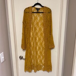 Mustard Yellow Long Flared Sleeve Lace Kimono